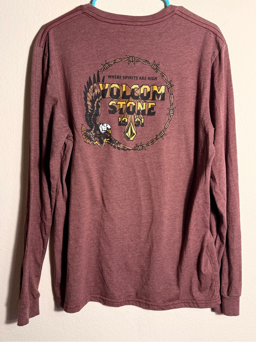 Volcom Men’s Long-Sleeve Graphic Tee - Maroon with Yellow Accent